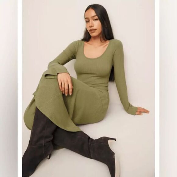 NWT Reformation Wrenley Knit Midi Green Sweater Dress Bodycon Size S - Picture 2 of 8